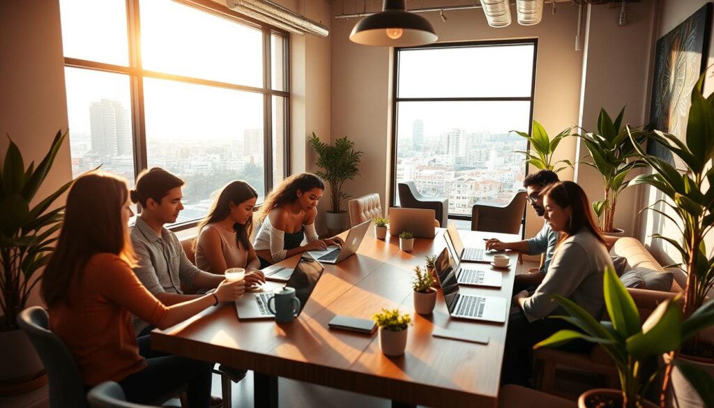 An intimate coworking space in a vibrant Mexican city, flooded with warm natural light. In the foreground, a diverse group of remote workers collaborating around a stylish wooden table, laptops and coffee mugs in hand. The middle ground showcases a modern, minimalist interior design with sleek furniture and potted plants, conveying a sense of productivity and wellness. The background frames a panoramic view of the bustling cityscape beyond, hinting at the energetic urban environment. The overall atmosphere is one of focus, creativity, and the fusion of traditional Mexican culture with a forward-thinking, tech-savvy lifestyle.