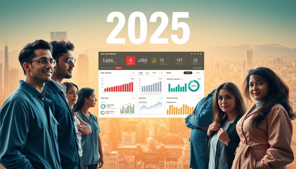 An intricate scene depicting salaries and the Mexican labor market in 2025. In the foreground, a group of diverse professionals - engineers, healthcare workers, and entrepreneurs - stand against a backdrop of skyscrapers and bustling cityscape. Their expressions convey a mix of optimism and determination, reflecting the evolving economic landscape. The middle ground features a data visualization dashboard, displaying real-time salary trends, industry growth, and employment statistics, all rendered in a sleek, modern style. The background is a hazy, dreamlike panorama of the Mexico City skyline, bathed in warm, golden hues, symbolizing the country's economic vitality and promise. The overall mood is one of progress, opportunity, and a sense of cautious optimism about the future of the Mexican labor market.