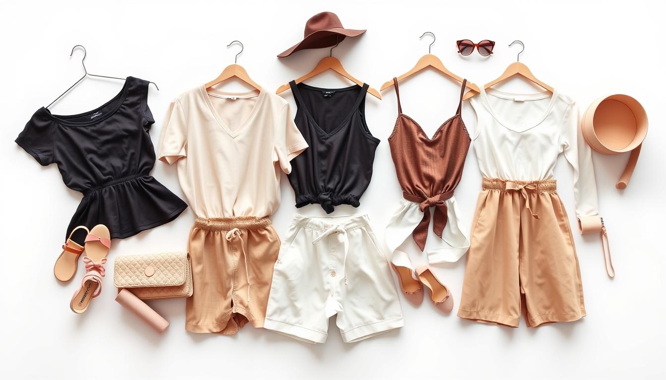 Crisp, well-lit close-up of a selection of Shein clothing items, including tops, bottoms, and accessories, arranged neatly on a white background. The garments have a simple, minimalist aesthetic, with focus on their construction and material textures. Faint shadows cast beneath the items, suggesting a studio lighting setup. The overall mood is one of careful examination, inviting the viewer to scrutinize the clothes for potential toxins or contaminants.
