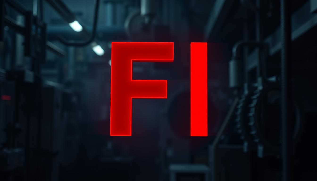 Detailed photograph of a negative "F" rating logo, prominently displayed against a dark, industrial backdrop. The letter "F" stands out in a bold, striking red color, conveying a sense of failure and poor performance. The logo is the central focus, surrounded by a hazy, out-of-focus environment with hints of machinery and gears, suggesting a corporate or manufacturing setting. The lighting is dramatic, with harsh shadows and a moody, high-contrast atmosphere, emphasizing the gravity of the "F" rating. The overall composition and style aim to visually communicate the serious implications and negative connotations associated with Shein's poor performance and low rating.