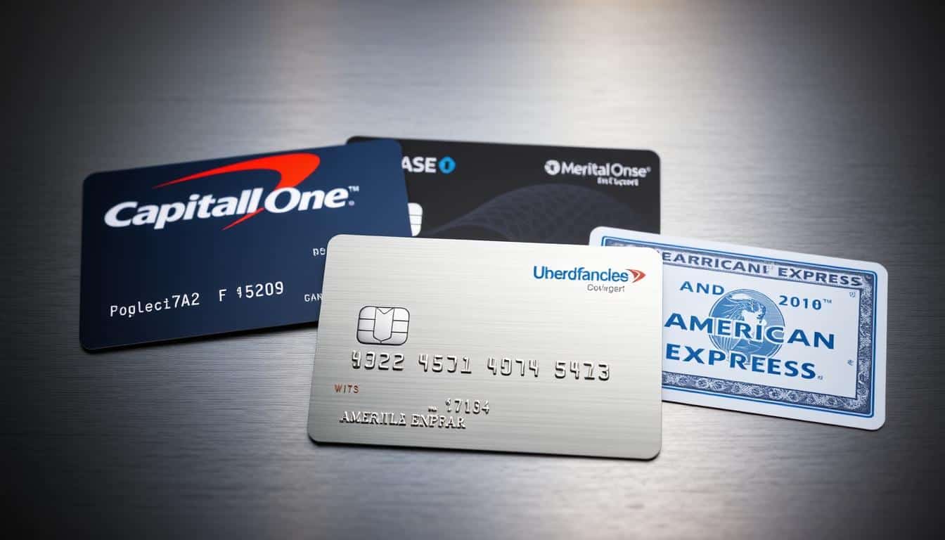 High-quality corporate business credit card design with the logos of Capital One, Chase, and American Express prominently displayed. The cards are arranged in a visually appealing layout against a sleek, metallic background, with strategic lighting and shadows to create depth and a sense of prestige. The overall atmosphere conveys the reliability, exclusivity, and financial power associated with these top-tier business credit card providers. The composition is balanced, professional, and optimized for clear visibility within a magazine or website article.