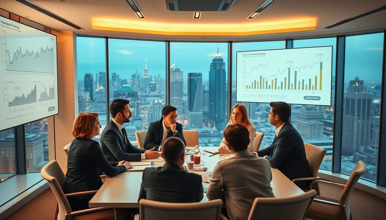 Prompt A sleek, modern office interior with floor-to-ceiling windows overlooking a bustling city skyline. The walls are adorned with abstract financial charts and graphs, projected onto large screens. In the center of the room, a group of professionals are gathered around a conference table, engaged in a lively discussion about various financing options for upcoming projects. Soft, directional lighting casts a warm glow, highlighting the determination and focus on their faces. The overall atmosphere conveys a sense of efficiency, innovation, and the collective pursuit of successful project financing.
