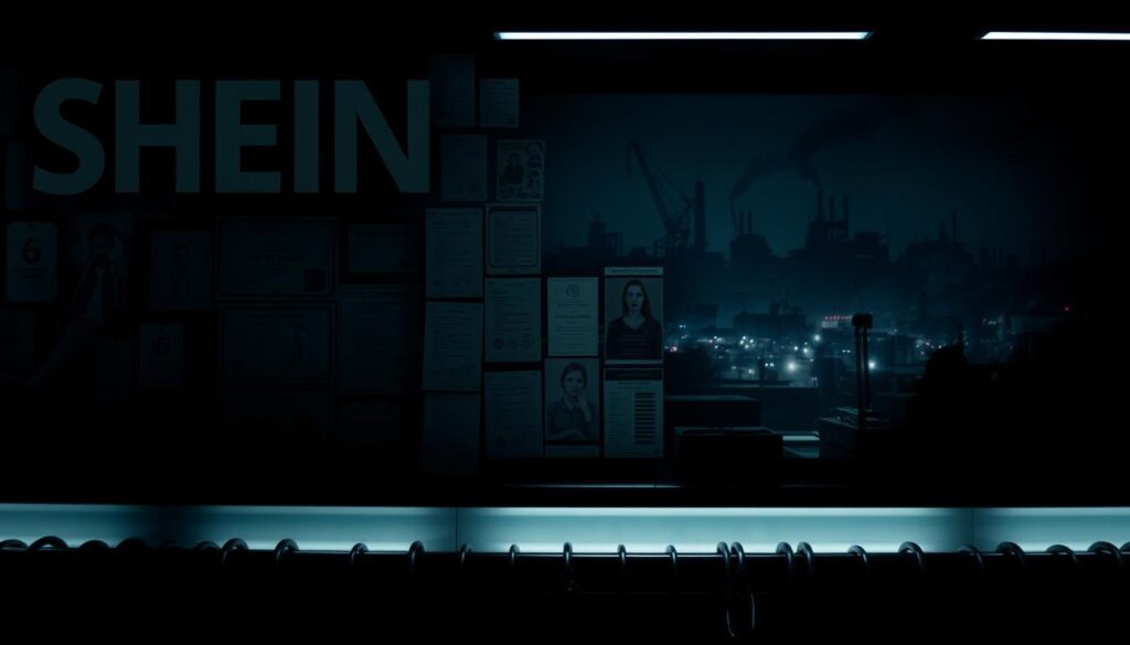 Shein ethics: a troubled fast fashion company, its murky manufacturing practices, and the human cost. In the foreground, a labyrinth of supply chains obscured by shadows, hinting at unethical labor conditions. The middle ground depicts a collage of product tags, quality control checklists, and safety certifications - a facade of compliance. In the distant background, a dim, industrial landscape dotted with factory silhouettes, questioning the true origins of Shein's affordable wares. Dramatic chiaroscuro lighting casts an ominous tone, inviting the viewer to scrutinize the brand's ethical commitments. An unsettling scene, challenging the consumer to look beyond the surface and confront the complex realities of fast fashion.