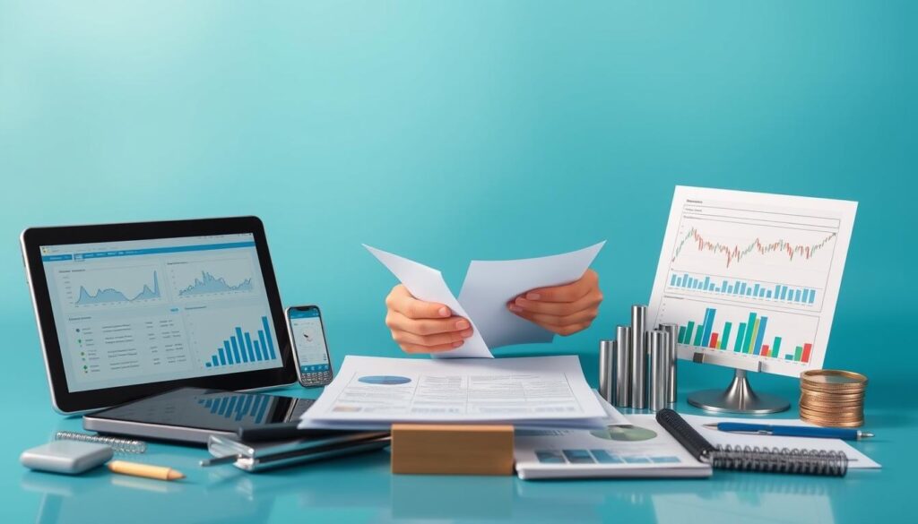 Vibrant comparison of financial loan options, showcased in a sleek, modern layout. An array of digital devices, graphs, and spreadsheets occupy the foreground, conveying the analytical nature of the task. The middle ground features a pair of hands holding documents, representing the decision-making process. The background subtly blends shades of blue and green, evoking a sense of trust and reliability. Soft, directional lighting accentuates the clean, professional atmosphere, guiding the viewer's eye through the scene. The overall composition encourages the viewer to carefully weigh the different loan alternatives to find the optimal solution.