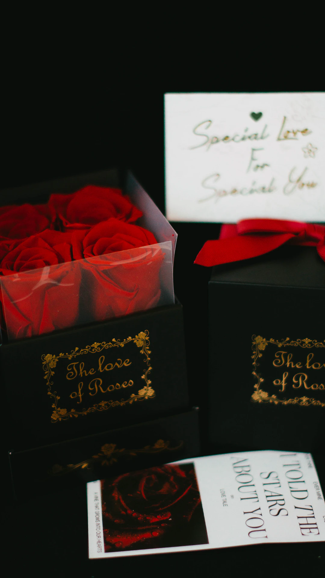 a black box with a red rose inside of it